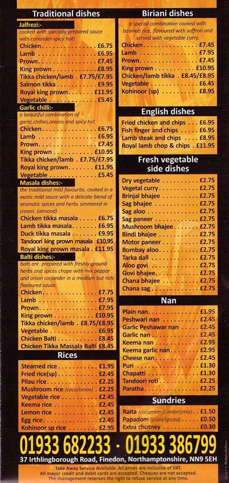 Menu at Kohinoor fast food, Wellingborough