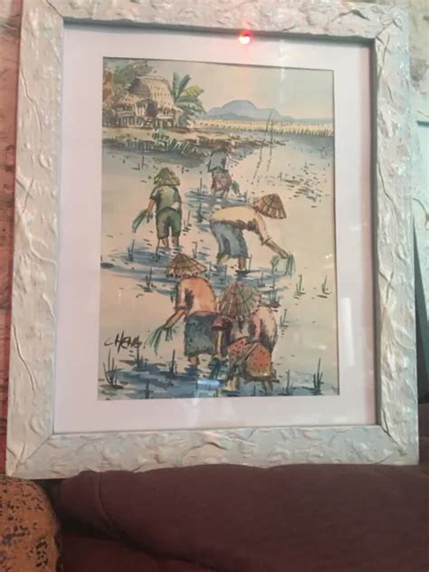 Watercolor Painting Drawing La Recolte Du Riz Animated Scene Signed