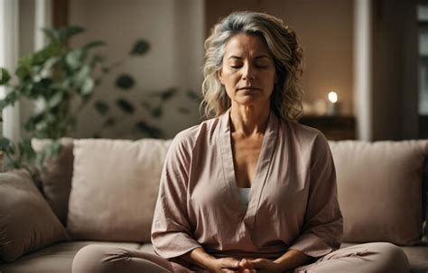 Premium Photo Middle Aged Woman Meditating At Home With Eyes Closed