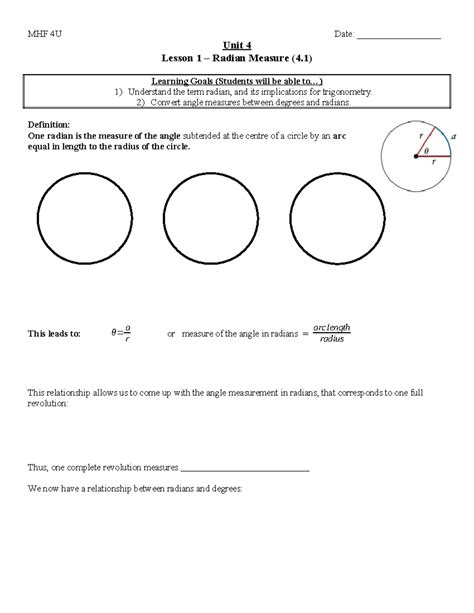 Radian Measure Math Mhf U Date Unit Lesson