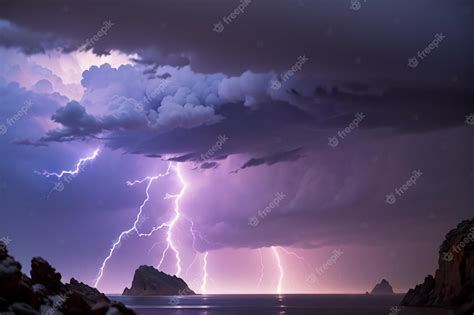 Premium Photo | A lightning storm with a purple sky and clouds