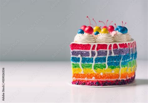 A Slice of rainbow layered cake with creamy frosting and fruits, symbol ...