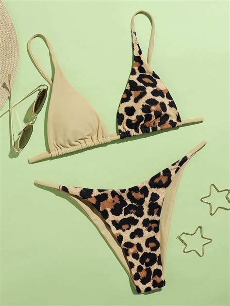 Contrast Leopard High Cut Bikini Swimsuit