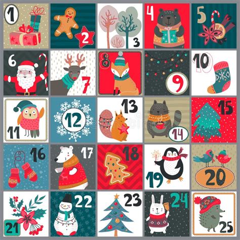 Vector Christmas Advent Calendar With Cute Animals And Traditional