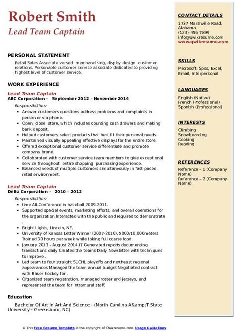 Team Captain Resume Samples Qwikresume