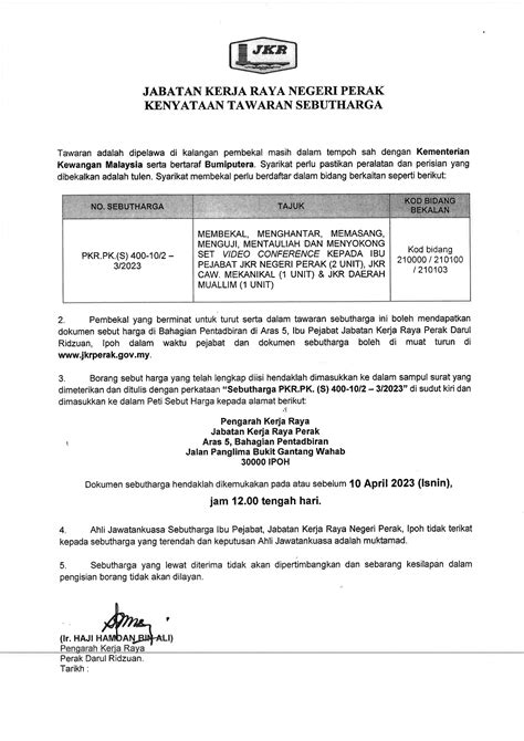 Kenyataan Tawaran Sebutharga Membekal Menghantar Memasang Menguji Mengtauliah Dan Menyokong