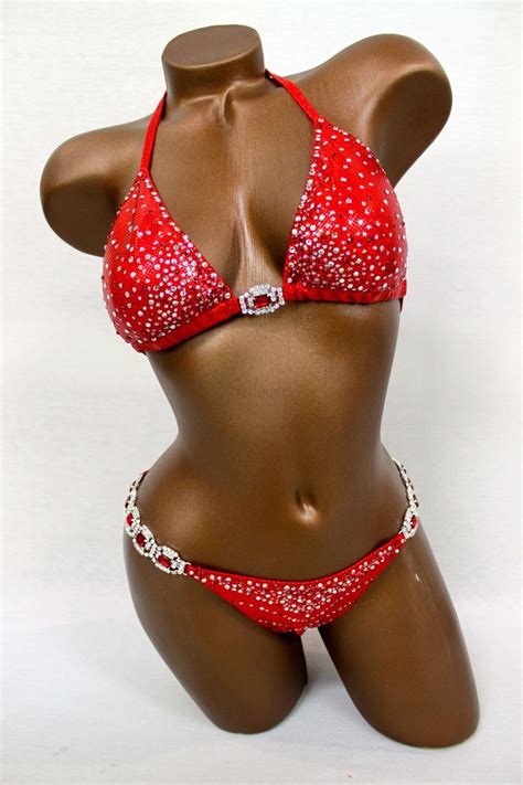 Red Clear Rhinestones Bikini Competition Suit Bikini Competition