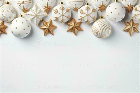 Christmas Decorations In White And Gold Color On A White Background