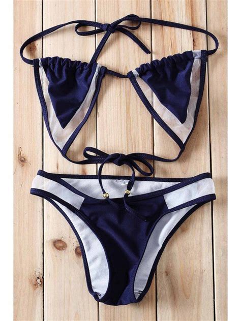 22 OFF 2021 Voile Spliced Halterneck Bikini Set In BLUE ZAFUL