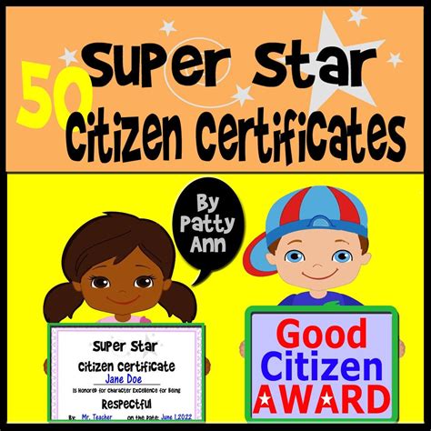 Civics Good Citizen Certificate Awards for Ages 5-18 50 Character ...