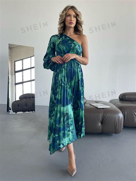 Shein Privé Tropical Print One Shoulder Lantern Sleeve Hanky Hem Dress