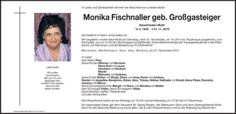 Traueranzeigen Von Monika Fischnaller Trauer Bz