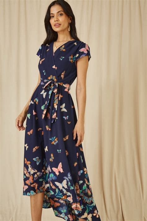 Mela Navy Butterfly Print Dip Hem Midi Wrap Dress Mela