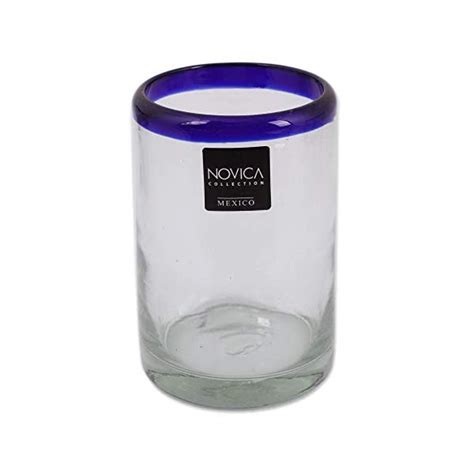 Novica Artisan Crafted Hand Blown Clear Cobalt Blue Rim Recycled Glass Tumblers14 Oz Classic