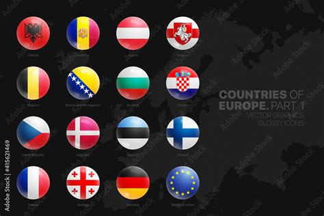 European Countries Flags Vector 3D Glossy Icons Set Isolated On Black ...