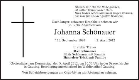 Traueranzeigen von Johanna Schönauer trauer merkur de