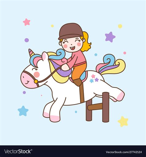 Cute Girl Ride Unicorn Jump Obstacles Royalty Free Vector