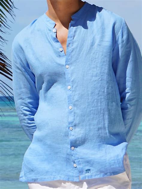 Men's Linen Shirt Summer Shirt Beach Shirt White Light Green Blue Long ...