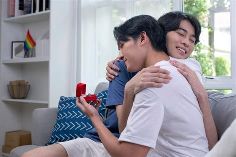 Pareja de hombres comprometidos abrazándose amorosamente en la sala de estar pareja gay lgbt