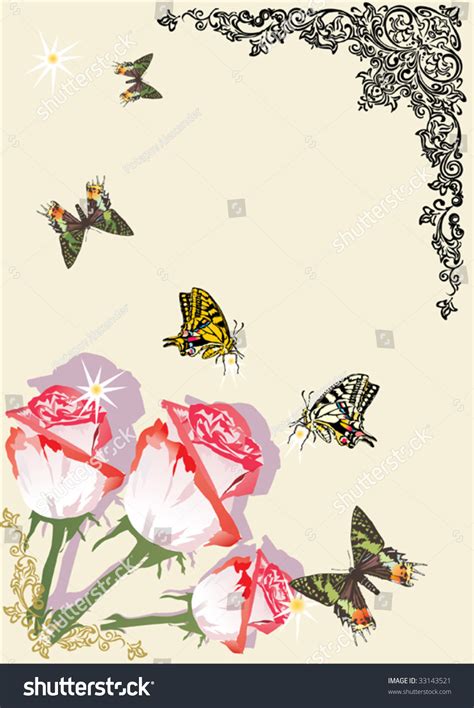 Illustration Pink Butterflies Rose Flowers Decoration Stock Vector