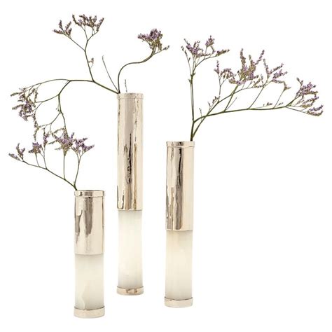 Set Salta Mini Tube Flower Vases Alpaca Silver And Cream Onyx For Sale