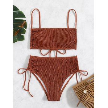 Emmiol Free Shipping 2023 Lace Up Shirred Bikini Set Brown M In Bikini