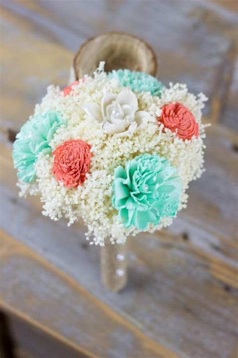 Bridesmaids Bouquet, Coral Ivory Mint Sola Flower Bouquet, Flower Wand, Flower Girl, Keepsake ...