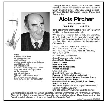 Traueranzeigen Von Alois Pircher Trauer Bz