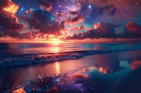 Premium Photo | A painting of a sunset over the ocean with stars in the ...