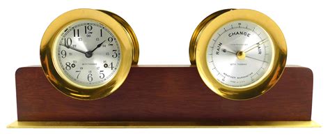 Lot Seth Thomas Brass Cased Ship S Clock And Barometer C 1960 70s On Wooden Helmsman Base