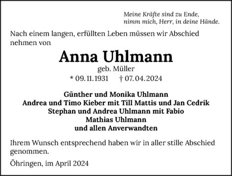 Traueranzeigen Von Anna Uhlmann Trauerundgedenken De