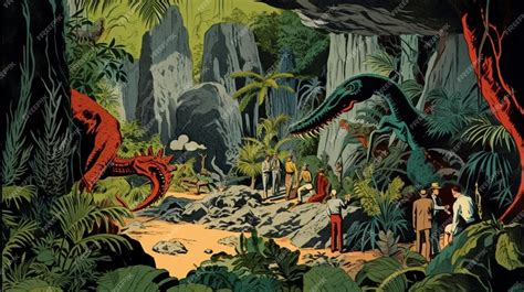 Premium AI Image | A painting of a cave scene with dinosaurs in the ...