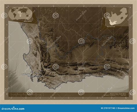 Western Cape South Africa Sepia Labelled Points Of Cities Stock