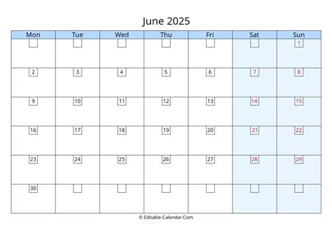 Download Editable 2025 Calendar June Monday Start