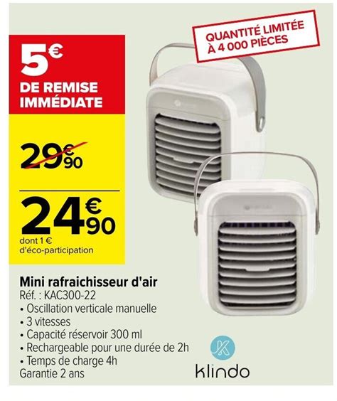 Promo Klindo Mini Rafraichisseur D Air Chez Carrefour