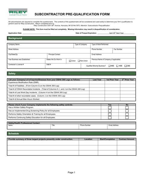 Subcontractor Pre Qualification Form