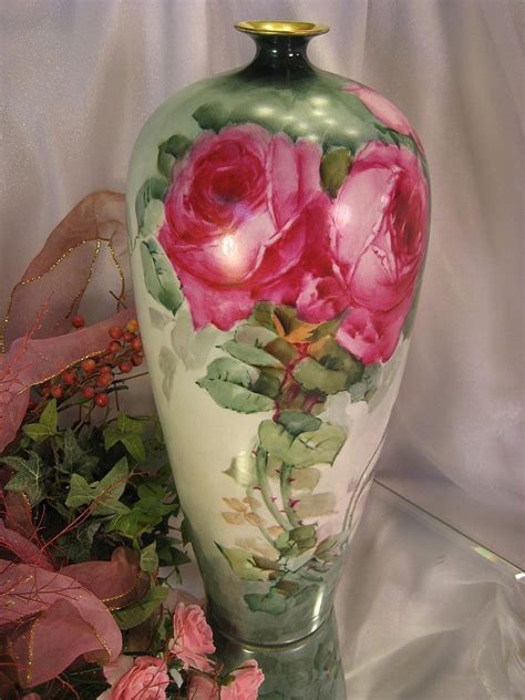 Antique Limoges France Vase 14 Tall Hand Painted Roses Hand Painted Roses Rose Painting