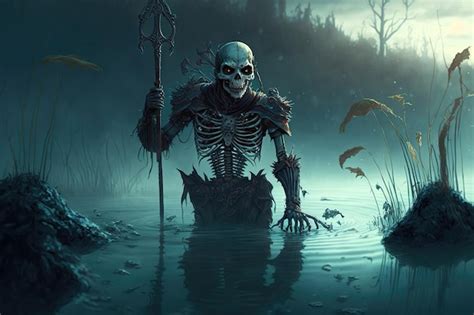 Premium Photo | Evil dead skeleton climbs out of pond of the swamp ...