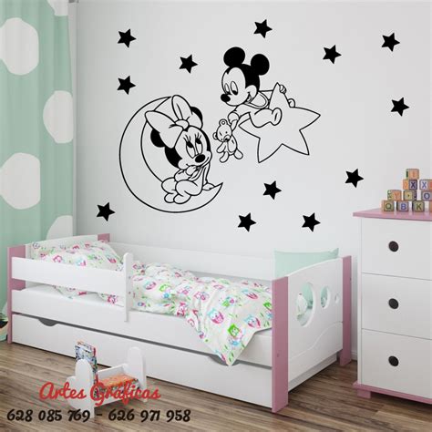 🥇vinilo Infantil Baby Minnie Mickey En La Luna Para Habitación