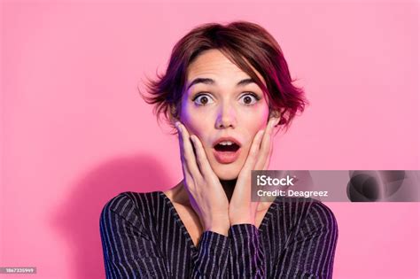 Photo Of Impressed Funky Girl Dressed Glamour Clothes Open Mouth Arms