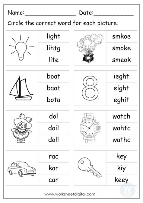 10 Printable Circle The Correct Word Spelling For Kindergarten