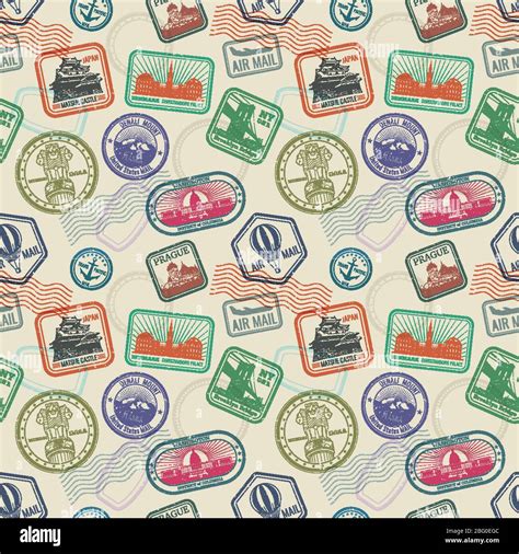 Vintage Passport Travel Stamps Vector Seamless Pattern Colored Stamp