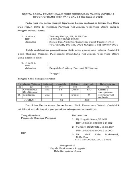 Berita Acara Pemeriksaan Fisik Persediaan Vaksin Covid Fasyankes
