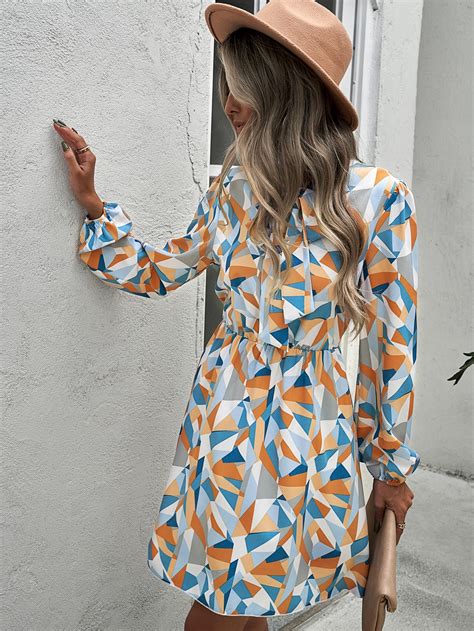 Geo Print Tie Neck Dress