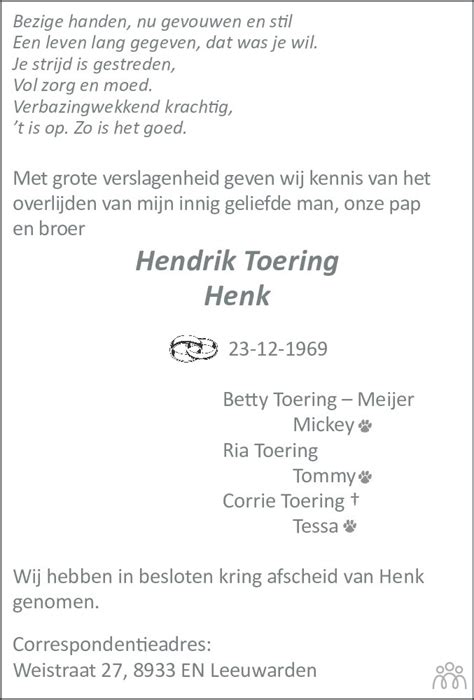 Hendrik Henk Toering Overlijdensbericht En Condoleances