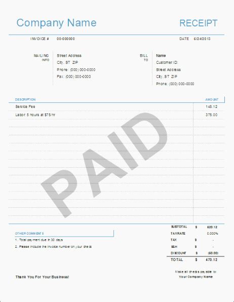 Paid In Full Receipt Template Free