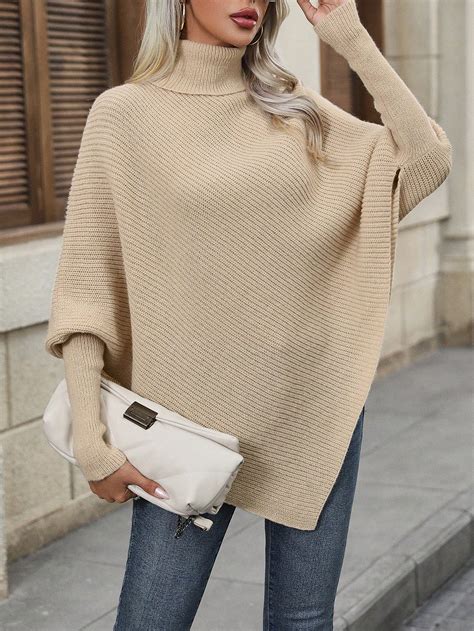 SHEIN Essnce Turtleneck Batwing Sleeve Asymmetrical Hem Knit Poncho