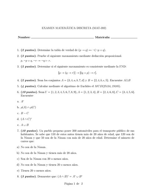 Examen Final De Prueba Nice Examen Matem Tica Discreta Mat