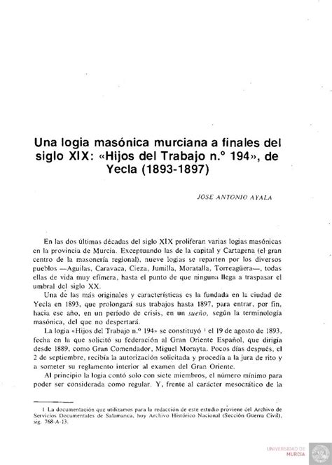 PDF Una logia masónica murciana a finales del siglo XIX logia