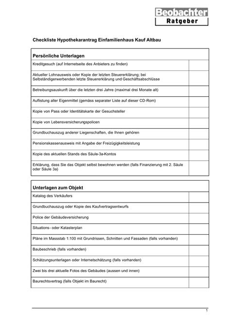 Checkliste Hypothekarantrag Einfamilienhaus Kauf Altbau